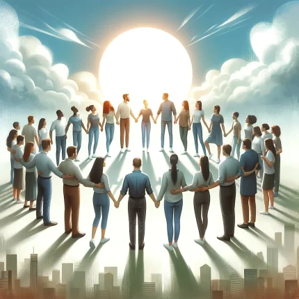 a group of diverse individuals standing together in a circle, symbolizing the strength found in supportive relationships and the importance of overcoming external challenges together
